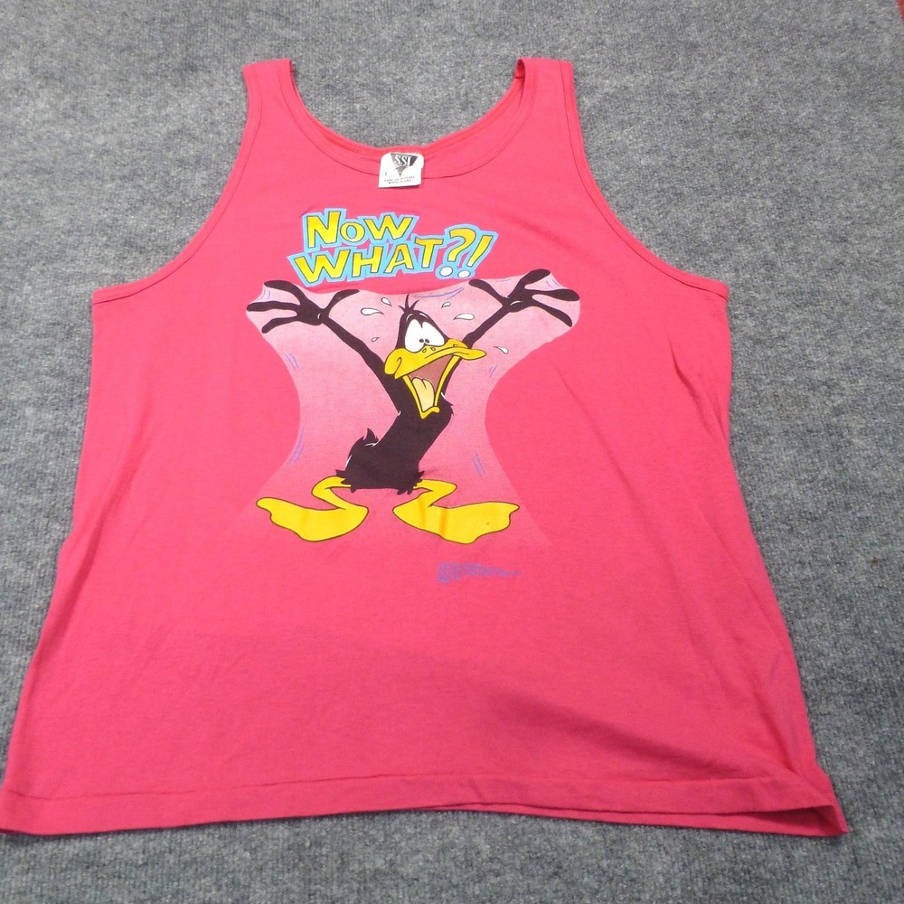 Vintage SSI Looney Tunes Daffy Duck Now What Tank Top Red Mens Large Made in USA